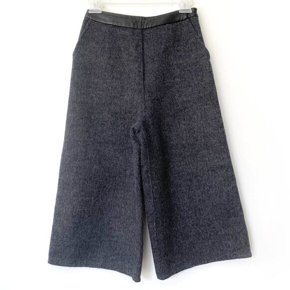 Pants - Womens Wide Leg Cropped Culotte Pants Gray Wool Lined Leather Side Zip